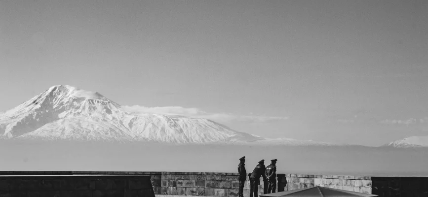 Roofline of the Armenian Genocide Museum with Mount Ararat beyond