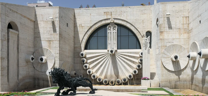 Travertine fountain and contemporary sculpture at the Yerevan Cascade