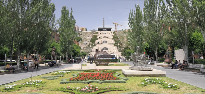 Cafesjian Sculpture Garden with a full view of the Yerevan Cascade