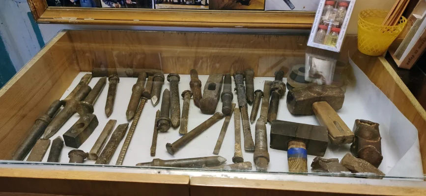 Hammers, chisels and hand tools used by Levon Arakelyan displayed in a case