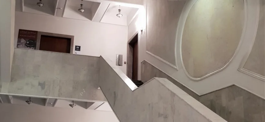 Multi-level interior staircase of the National Gallery of Armenia building