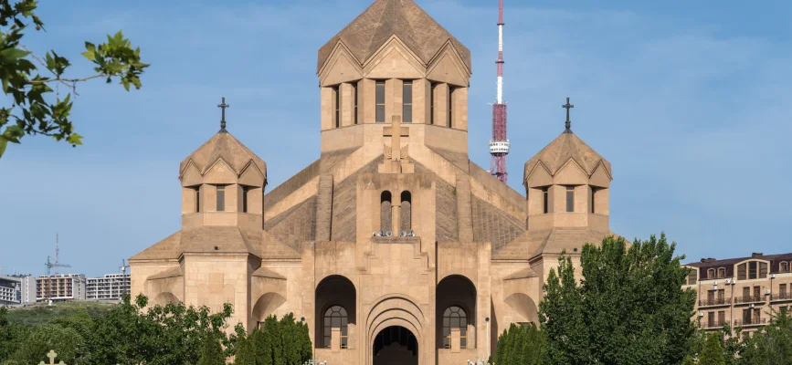 Stone facade and domes of Saint Gregory the Illuminator Cathedral in Yerevan