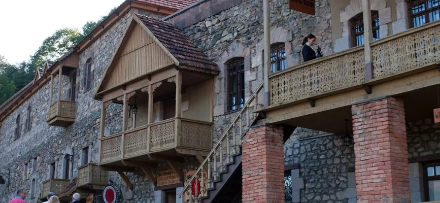 Wooden balconies on Sharambeyan Street in Dilijan