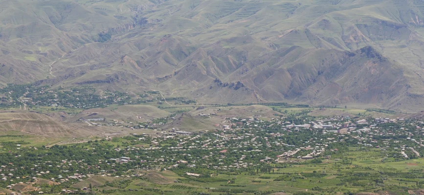 Wide panorama of Shatin village and the folded mountains of Vayots Dzor