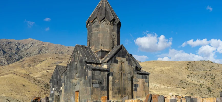 Surb Stepanos Church of Tanahat Monastery against the Vayots Dzor mountains