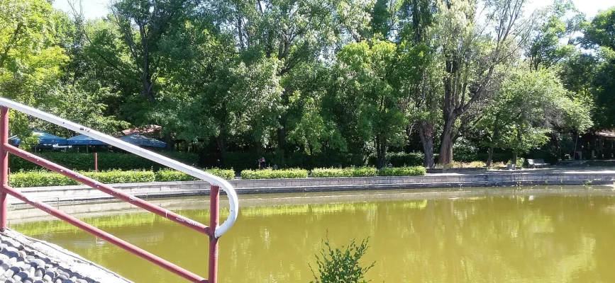 Искусственное озеро Аревик и зелёный берег в парке Победы