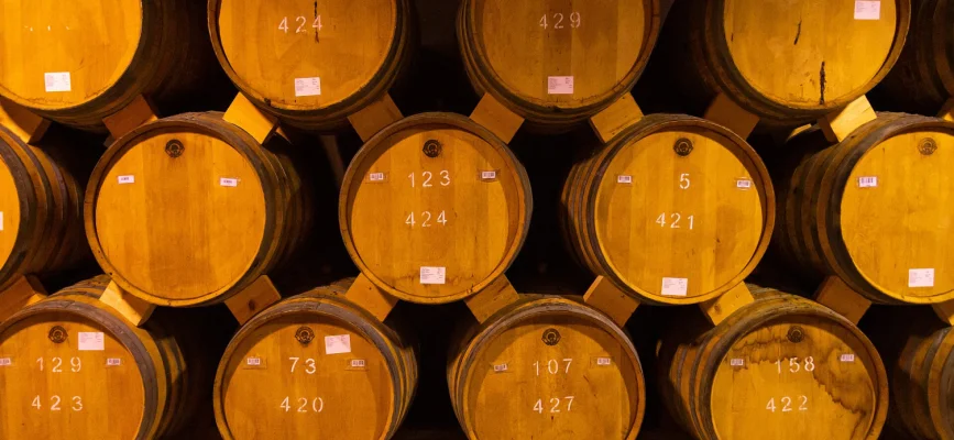 Oak barrel in the aging workshop of Yerevan Brandy Company